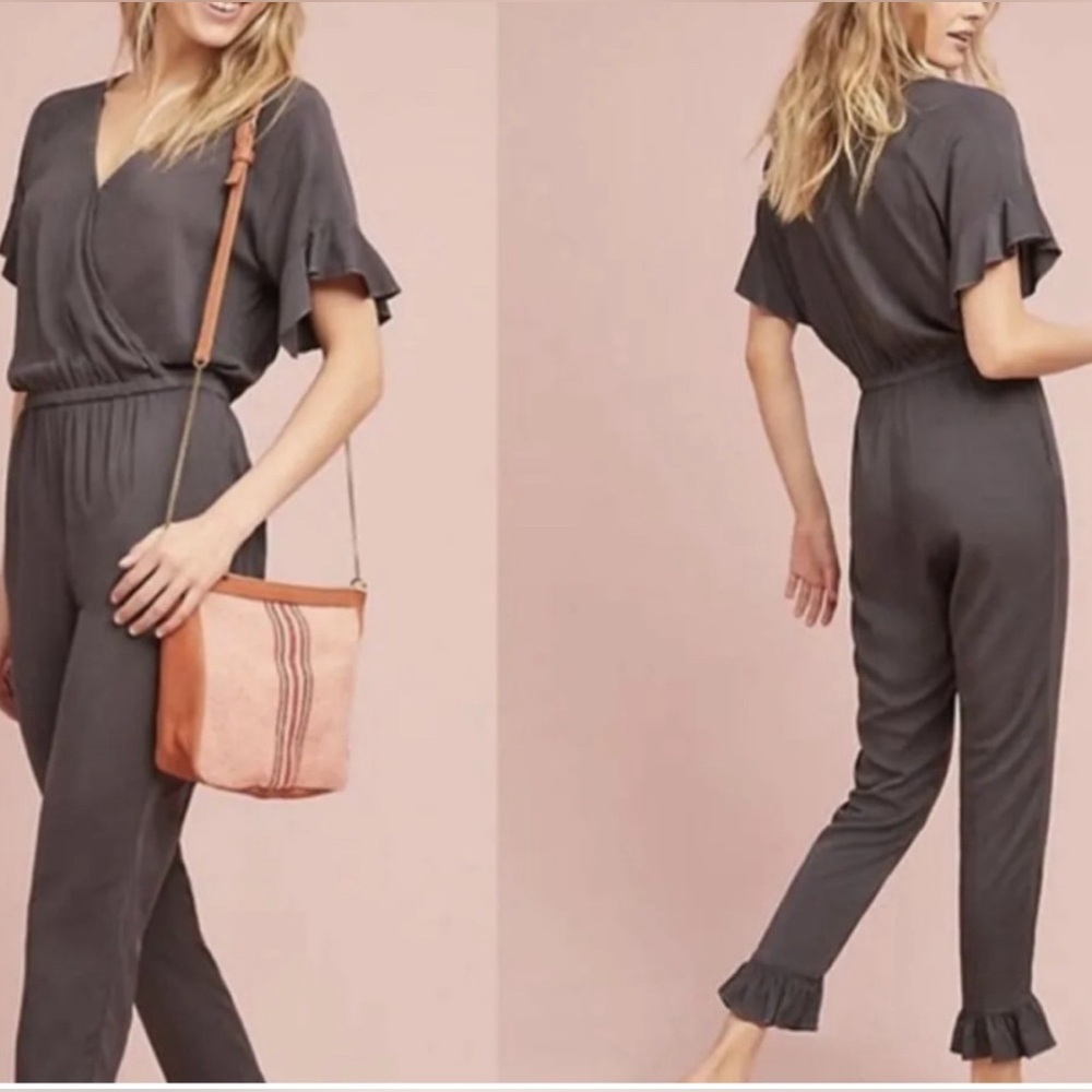 Michael Stars Rylie Olive Green Rayon Ruffle V-neck Jumpsuit